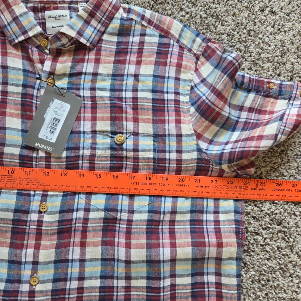 Baird McNutt NWT Murano 100% Linen Button Up Shirt Mens Lg Plaid Short Sleeves - Picture 5 of 7